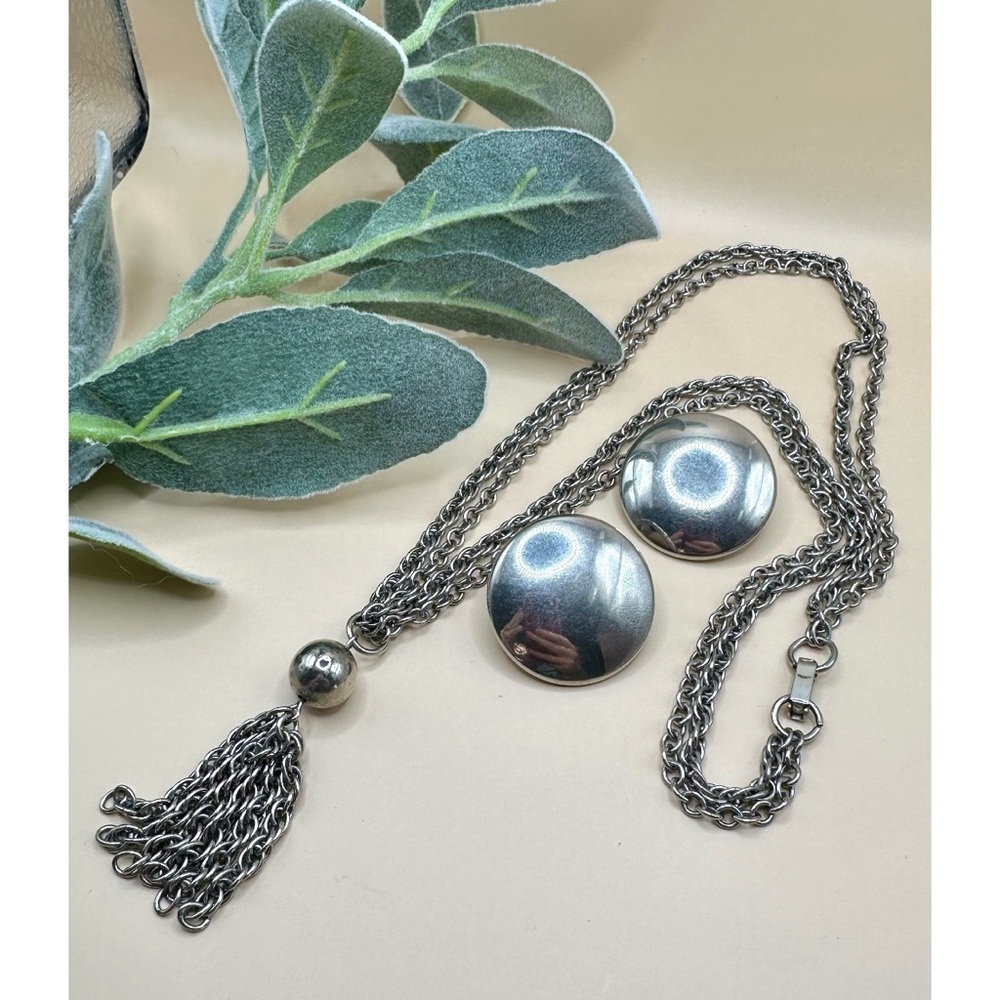 Chunky Bead Tassel Pendant long Necklace & earrings